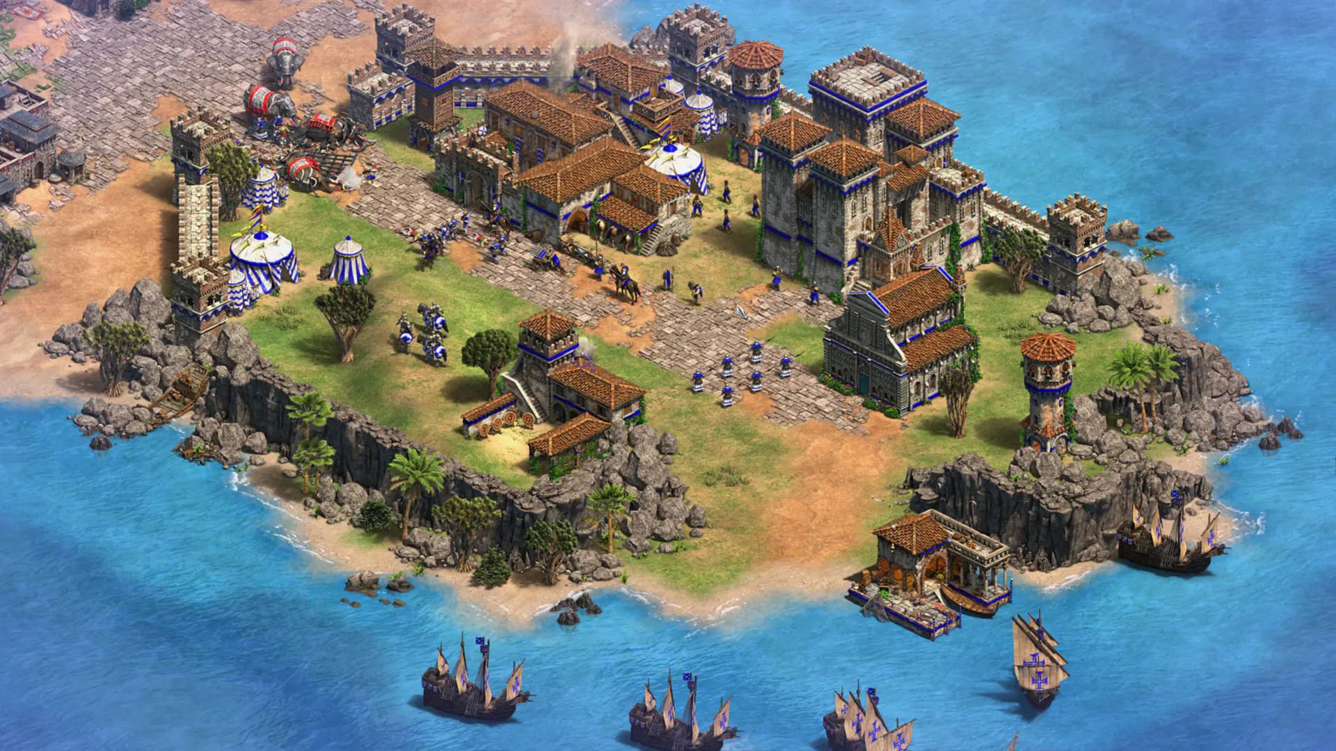 Age of Empires II coastal fortress with towers, a dock and ships